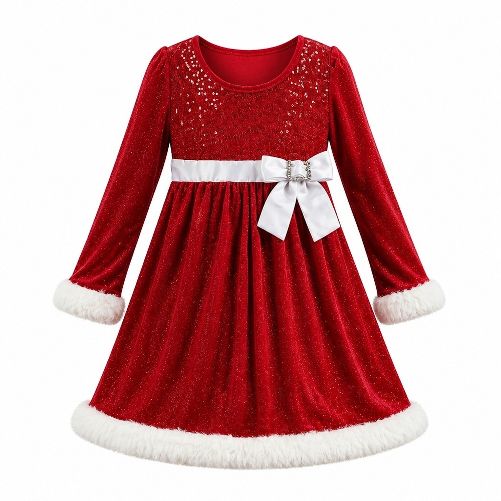 Bonnie Jean Girls Red Velvet Sequin Faux Fur Christmas Dress X44363-DL Size 10